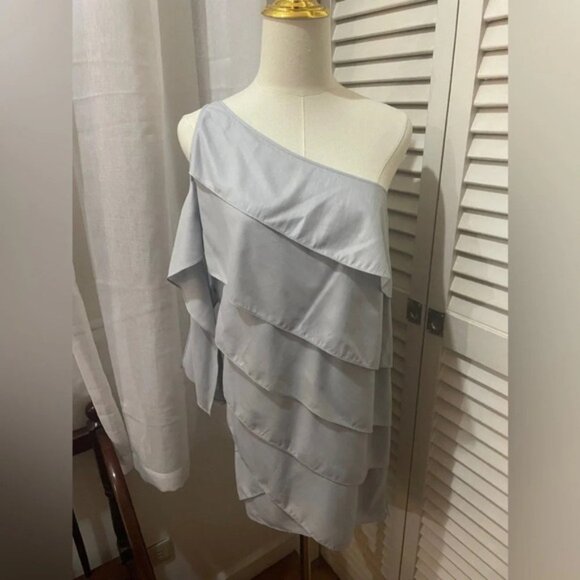 BCBG Women's Mini Dress Tiered Layered Ruffle One Shoulder Tie Sleeve Pale blue - Picture 7 of 16